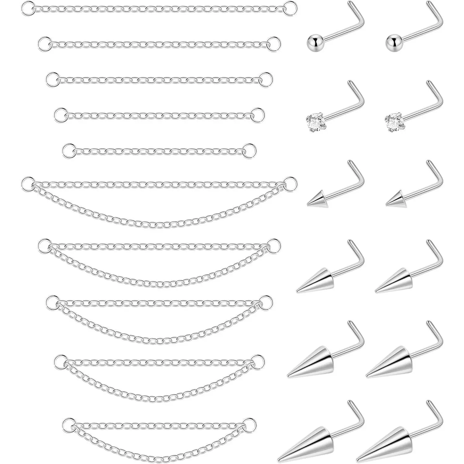 22 count 20G Surgical Steel Nose Ring Chain Nose Ring Stud for Women Men Double Nose Chain Piercing Across Nose Spike Ball CZ Nose Studs Nostril Piercing