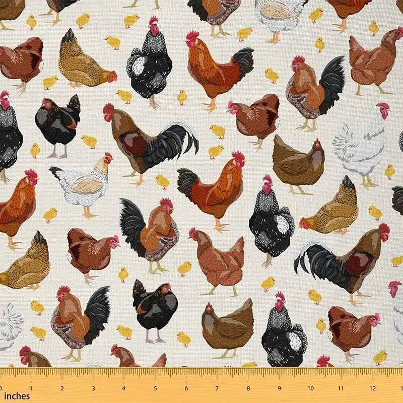 Chicken Fabric By The Yard,Cute Chicken Pattern Upholstery Fabric for Chairs Sofa Couch,Farm Animals Outdoor Waterproof White Red Yellow Fabric, Decorative Fabric, Fabric For Curtains