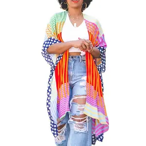 Women’s full striped print open-top batwing-sleeve kimono, loose casual half-sleeve open-front coat, women’s outerwear, all-season women’s clothing, loose women’s clothing GARMENTARY