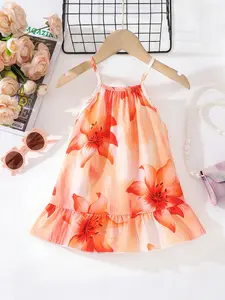 Girls' Summer Tropical Floral Print Halter Dress, Casual Slim-Fitting Bow Design, Lightweight Pleated Hem, Perfect for Summer