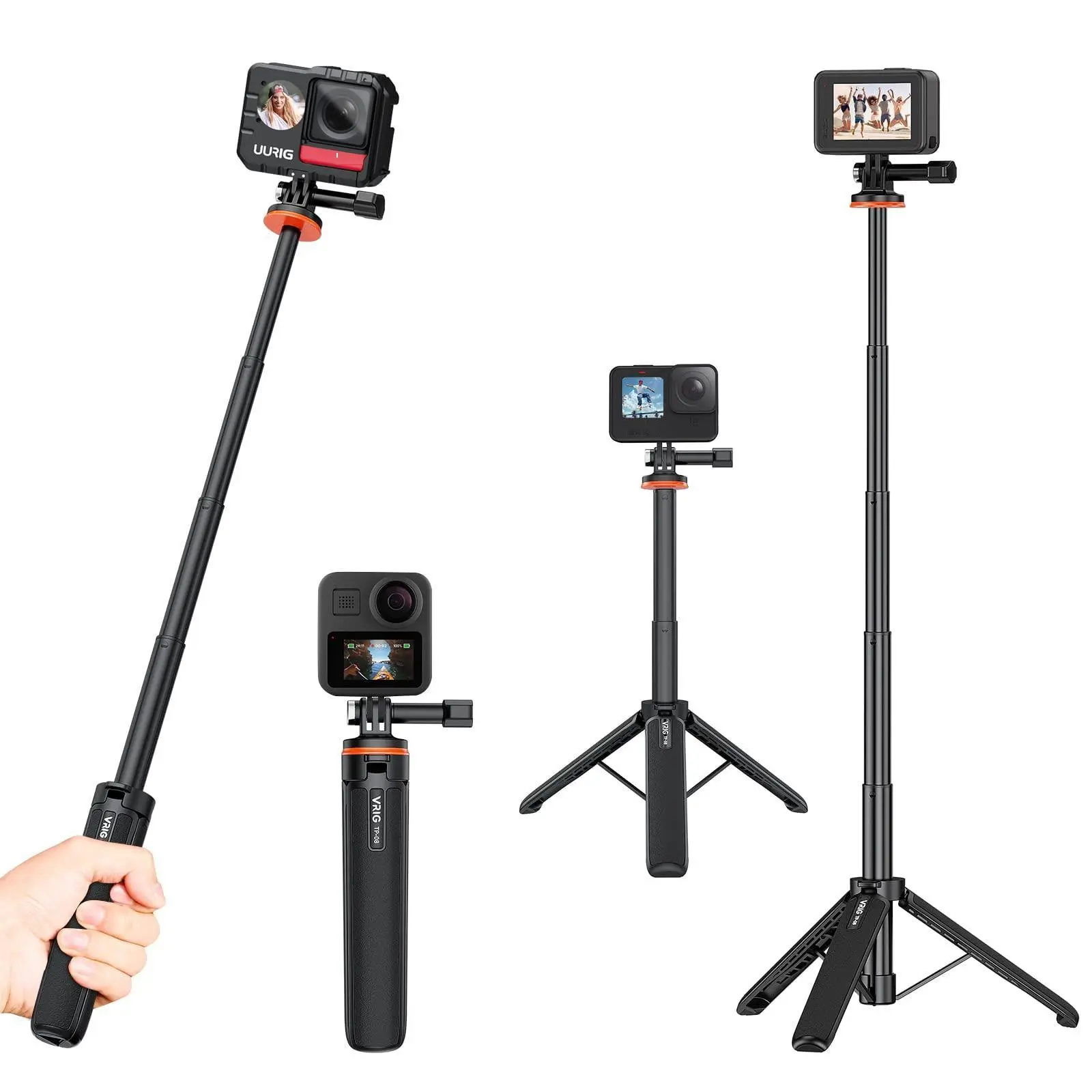 Vrig Tp08 Handheld Adjustable Extension Pole for Gopro 13/12/11/10/9, Dji Action 3 Selfie Stick, Cellphone Selfie Accessory, Insta360 X3 Accessories, Mobile Phone Live Streaming Tripod Stand, Smartphone Camera Accessories