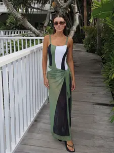 New Colorblock Print One-Piece Swimsuit Set for Women, Conservative Sun Protection, Half-Transparent Mesh Skirt, Beach Vacation Swimwear, Swimsuit Cover Ups