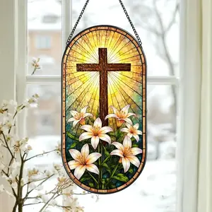 Christian Cross Stained Acrylic Suncatcher, Floral Christian Faith Window Hanging, Religious Home Decor, Cross Gift For Christian,Gift For Mom