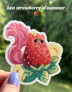 Strawberry Cat Sticker - 3x3 Vinyl Waterproof UV Resistant Artwork with Flowers Original Design