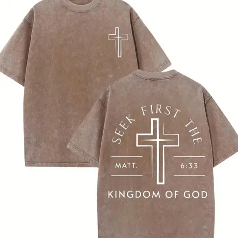 Men's 230g Heavyweight Washed Cotton Vintage Retro Crewneck Graphic T-Shirt - Distressed Christian Cross, Streetwear Top, Back to School, Mens Clothing, Cool Gifts for Adults, Men's Gift Ideas, Shirts Graphic Tees, Clothes Products