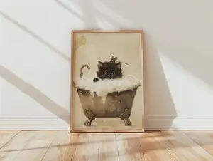Whimsical Kitten Bath Print, Vintage Sepia Cat Poster, Nursery Bathroom Decor