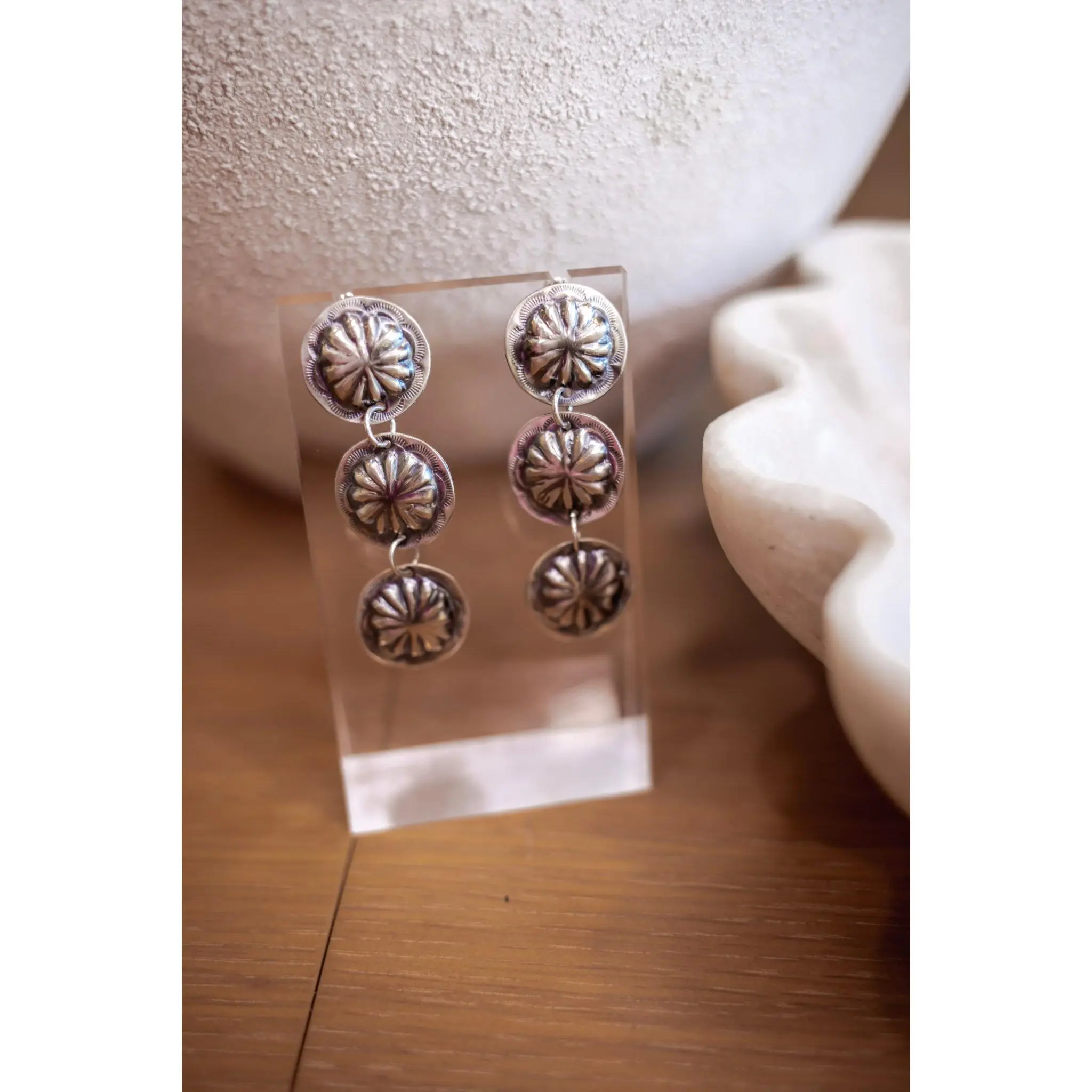 Silver Prairie Concho Drop Earrings - Native made