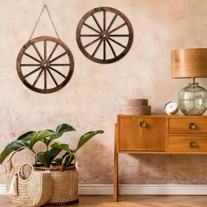 2 Pcs Wagon Wheel Decor Wooden Western Cowboy Party Decorations Vintage Rustic Wagon Wheel Wood Cartwheel Decor for Bar Garage Indoor Outdoor (Brown,18 Inch) Hanging Hook Ornaments Hangable