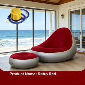 Retro Red Plush Inflatable Lounge Chair with Matching Foot Pedals Foldable Portable Nylon for Indoor Outdoor Use Camping
