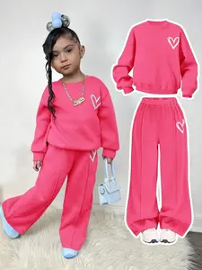 Tomattis Young Girl Casual Heart Print Knit Solid Color Loose Drop Shoulder Long Sleeve Sweatshirt And Wide Leg Sweatpants Set Sweats For Girls Young Girls Girl 2 Piece Sets