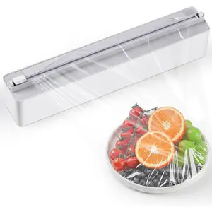 Magnetic Plastic Wrap Dispenser with Cutter - Upgrade Practical Refillable Cling Wrap Aluminum Tin Foil Organizer for Drawer, Include an Extra Roll of 12"X 164' Food Cling Film - Grey