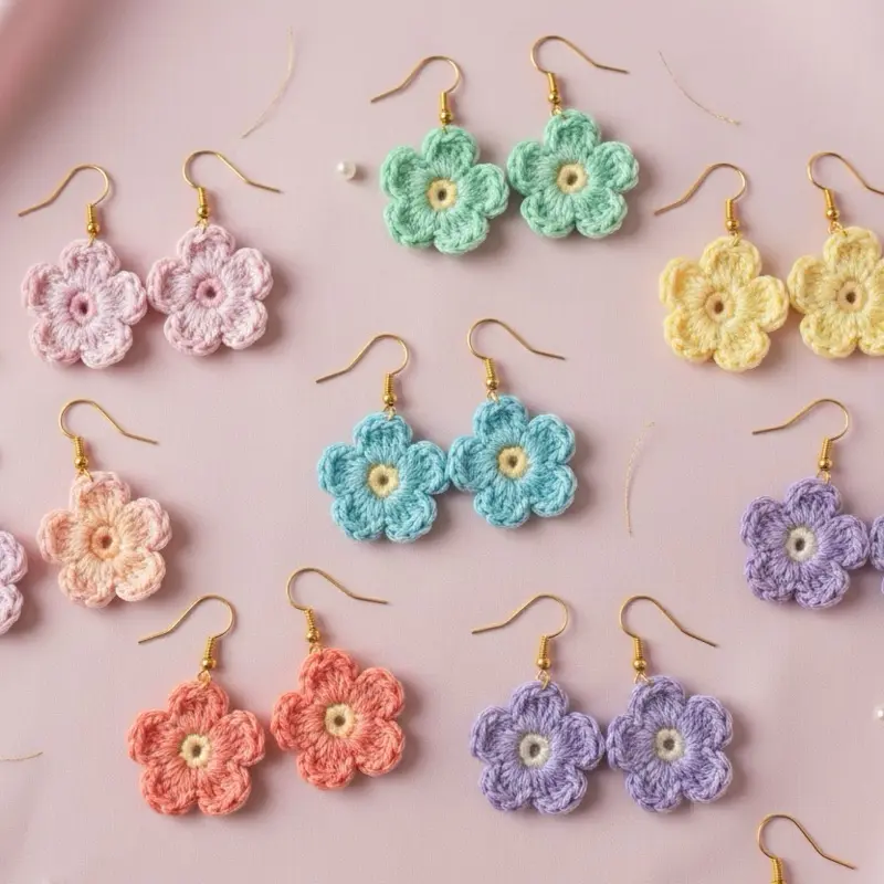 Handmade Micro Crochet Flower Earrings, Heart Shaped Pendant Necklace, Multiple Colors, Female Daily Fashion Costume Jewelry, Valentine Gifts for Mom