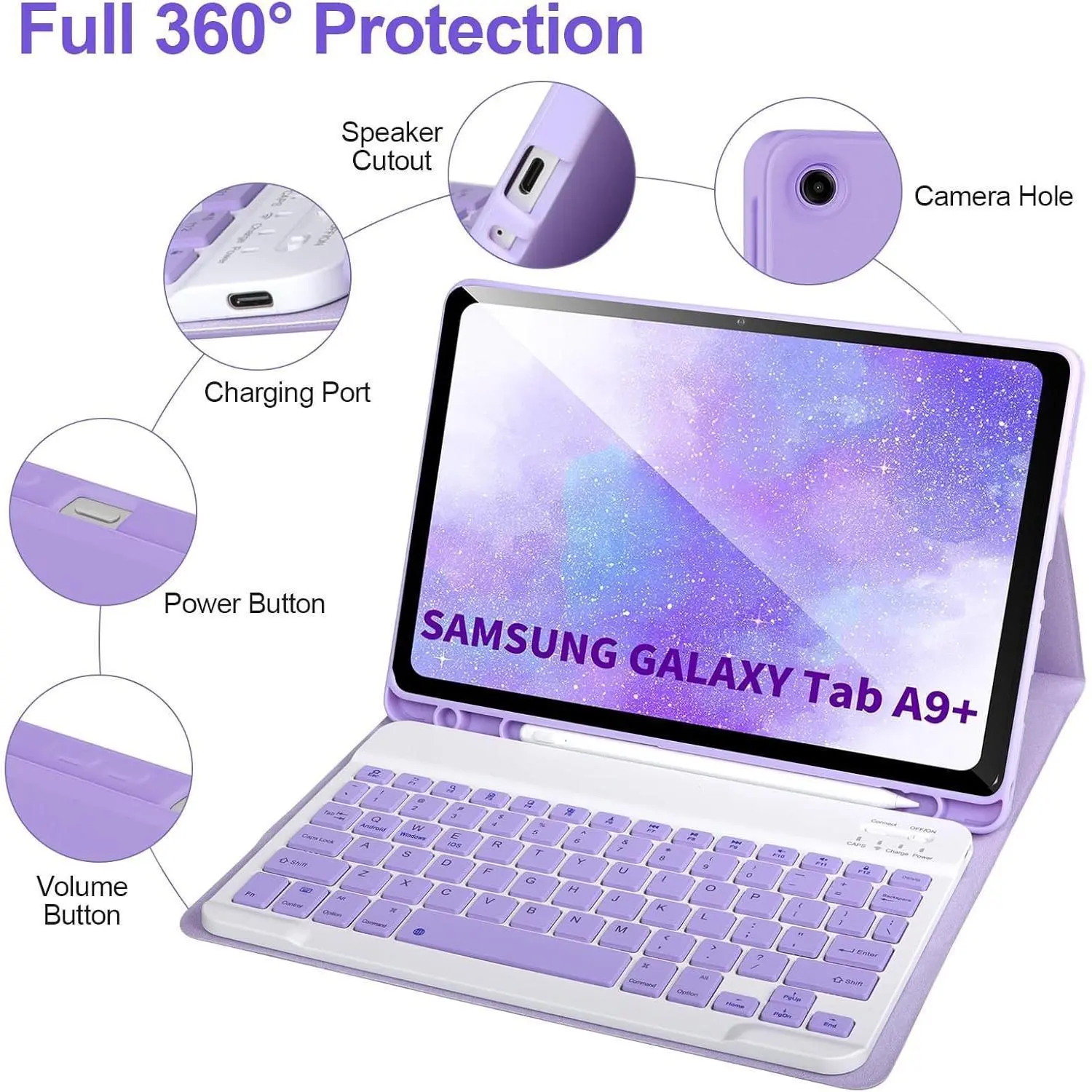for Samsung Galaxy Tab A9+/Plus 11’’ 2023(SM-X210/X216/X218),Case with Keyboard for Samsung Tab A9+ with S Pen Holder,Detachable Bluetooth Keyboard for Galaxy A9 Auto Wake/Sleep,Purple
