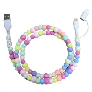 Creative Beaded 2-in-1 Charging Cable, 1M Colorful Solid Pearl Dual Ports Multi Charger Cord Compatible with Type-C
