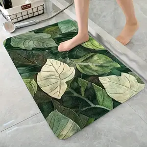 1pc Green Leaf Pattern Bath Mat,Flannel Bathroom Mat, Easy To Clean, Absorbent Soft Diatomite Bathroom Washroom Floor Mat, Small Rug, Home Decor, Area Small Rug, Outdoor Mat, Home Decor, Area Rug, Bedroom Carpet, Washable Carpet
