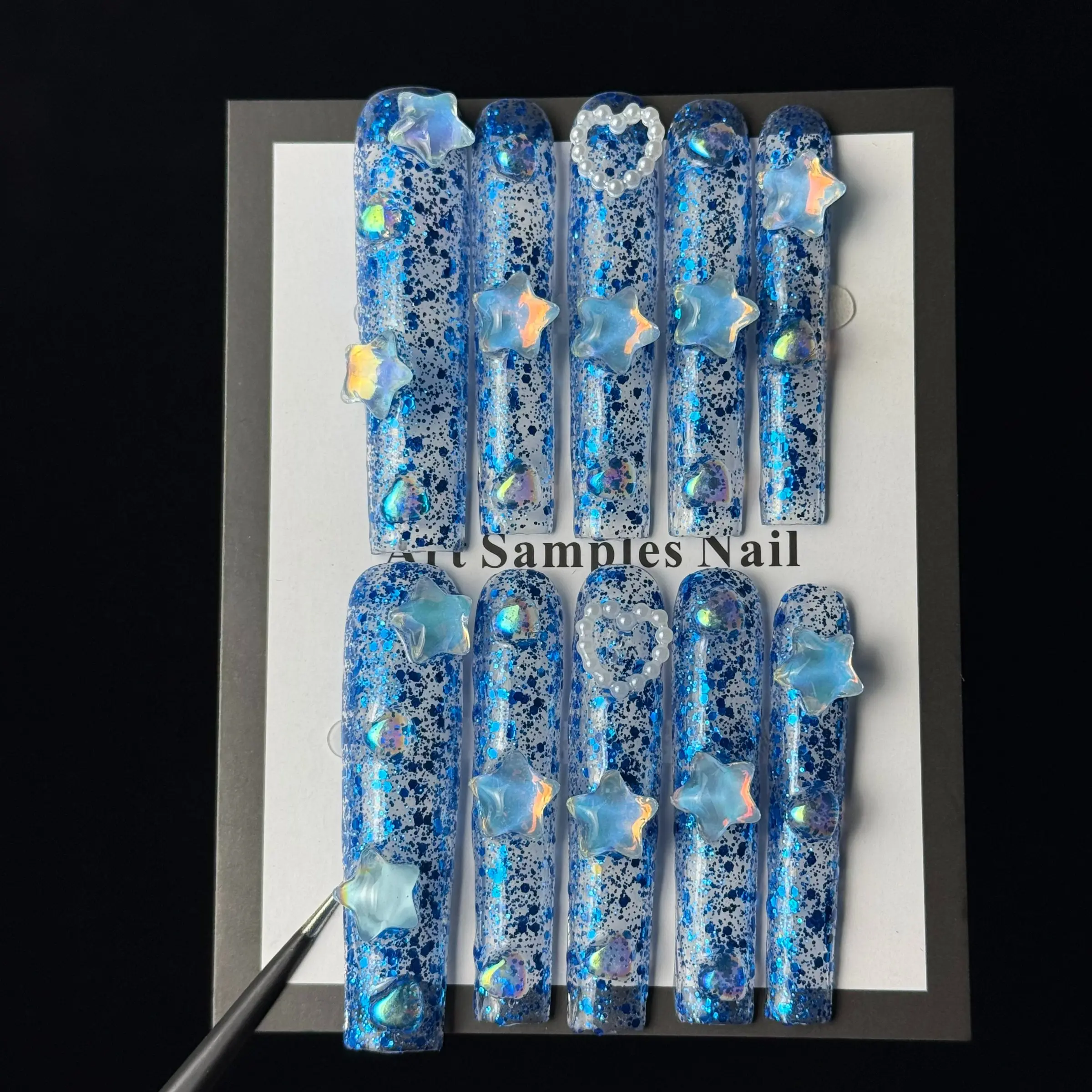 10pcs luxurious design, hand-painted three-dimensional stars and blue sequins handmade fake nails, Glossy False Nails, Glitter decorative nails, suitable for important banquets, birthday parties and festival events