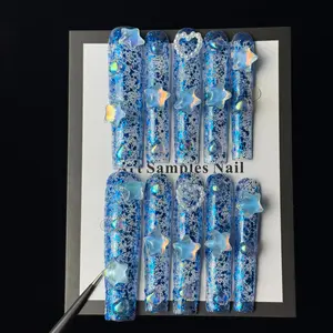 10pcs luxurious style design, hand-painted three-dimensional stars and dazzling blue sequins handmade fake nails, Glittering fake nails suitable for attending important banquets, birthday parties, family gatherings and festival events