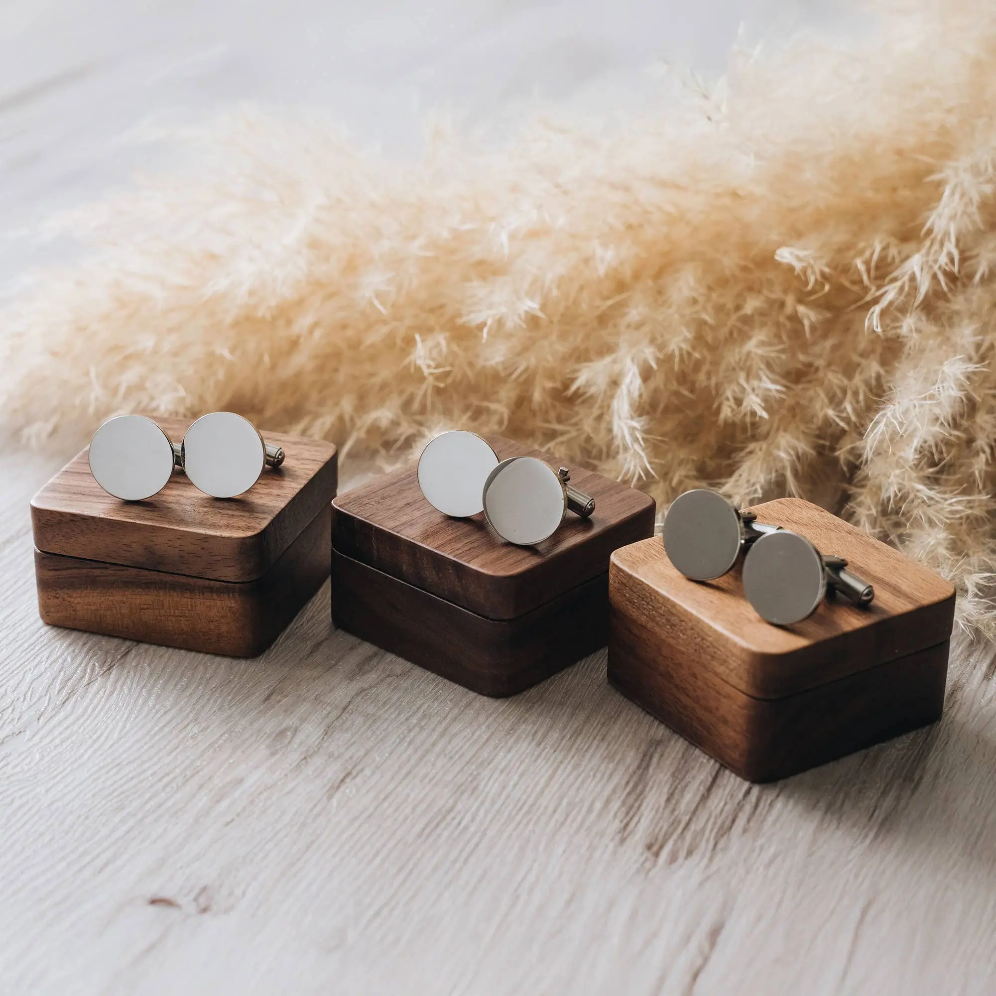 Personalized Metal Cufflinks – Engraved Monogram Pair in Wooden Box, Groomsmen & Wedding Gift
