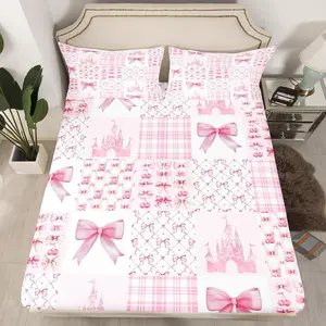 Pink Bowknot Kids Fitted Sheet,Cherry Bow Tie Tale Princess Castle Bedding Set,Girls Women Room Decor,Geometric Plaids Grid Bed Cover,Aesthetics Unique Bed Sheet,summervibes