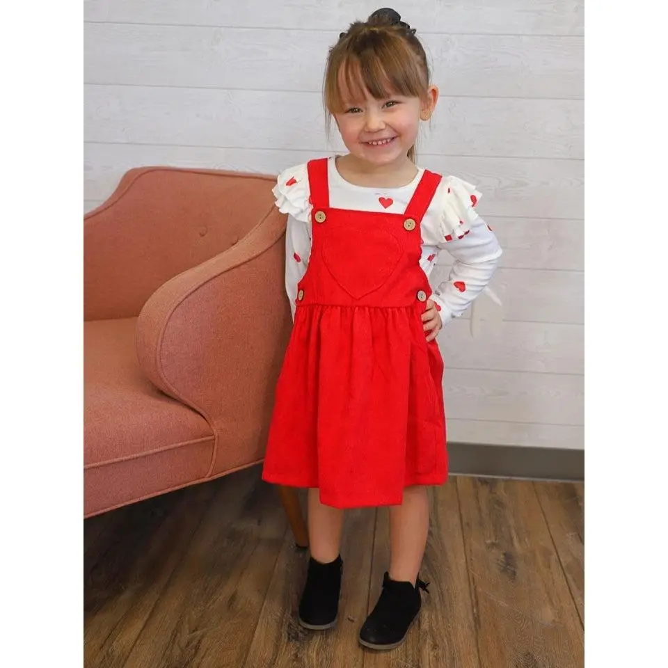 My Whole Heart Red Ruffle Corduroy Girls or Toddler Jumper Dress Valentine's Day Set