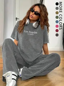 Women's American Vintage Washed Los Angeles Embroidered Casual Loose Cotton Short Sleeve + Long Pants Two-Piece Set, Lazy Style