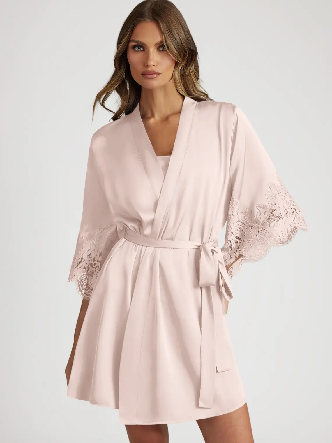Azazie Satin Lace Trim Sleeve Robe, Lace Trim Kimono Sleeves Wrap Front Tie Waist, Bridal Getting Ready Wedding Morning Bridesmaid Gift, Satin Womenswear Lightweight Womenswear Womenswear Lightweight sohochic