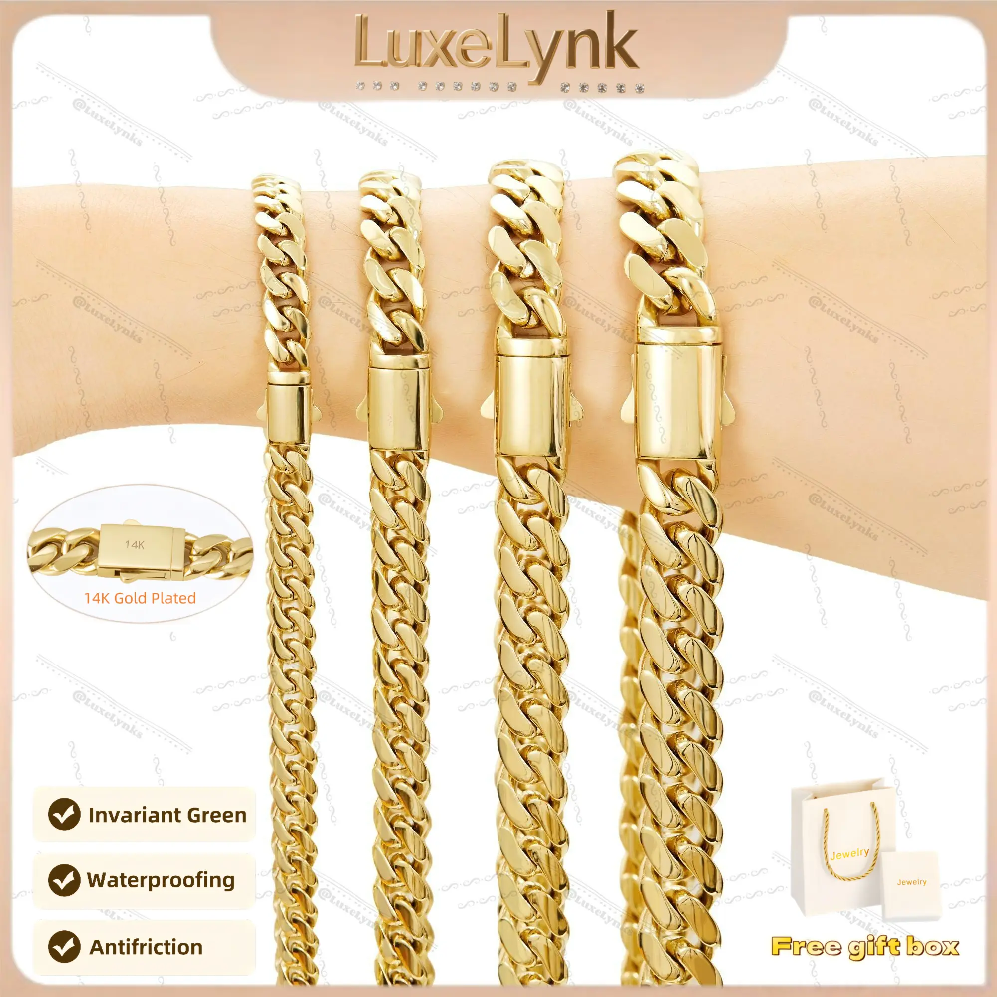 14K gold-plated Cuban necklace or bracelet| The latest electroplating gold-plating process for rust prevention| Miami hip-hop style fashion items| The best gift for men and women| Couples' style| 6mm/8mm/10mm/12mm/14mm