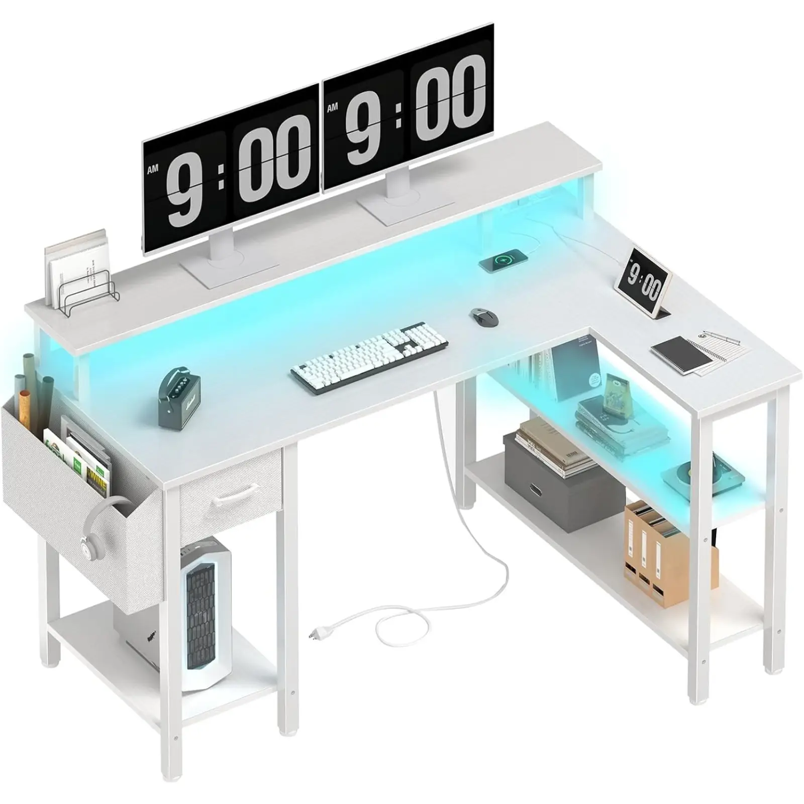 Lufeiya White L Shaped Gaming Desk with Fabric Drawers and Storage Shelves, 47 inch Home Office Desk with Monitor Stand, Computer Desk with LED Lights
