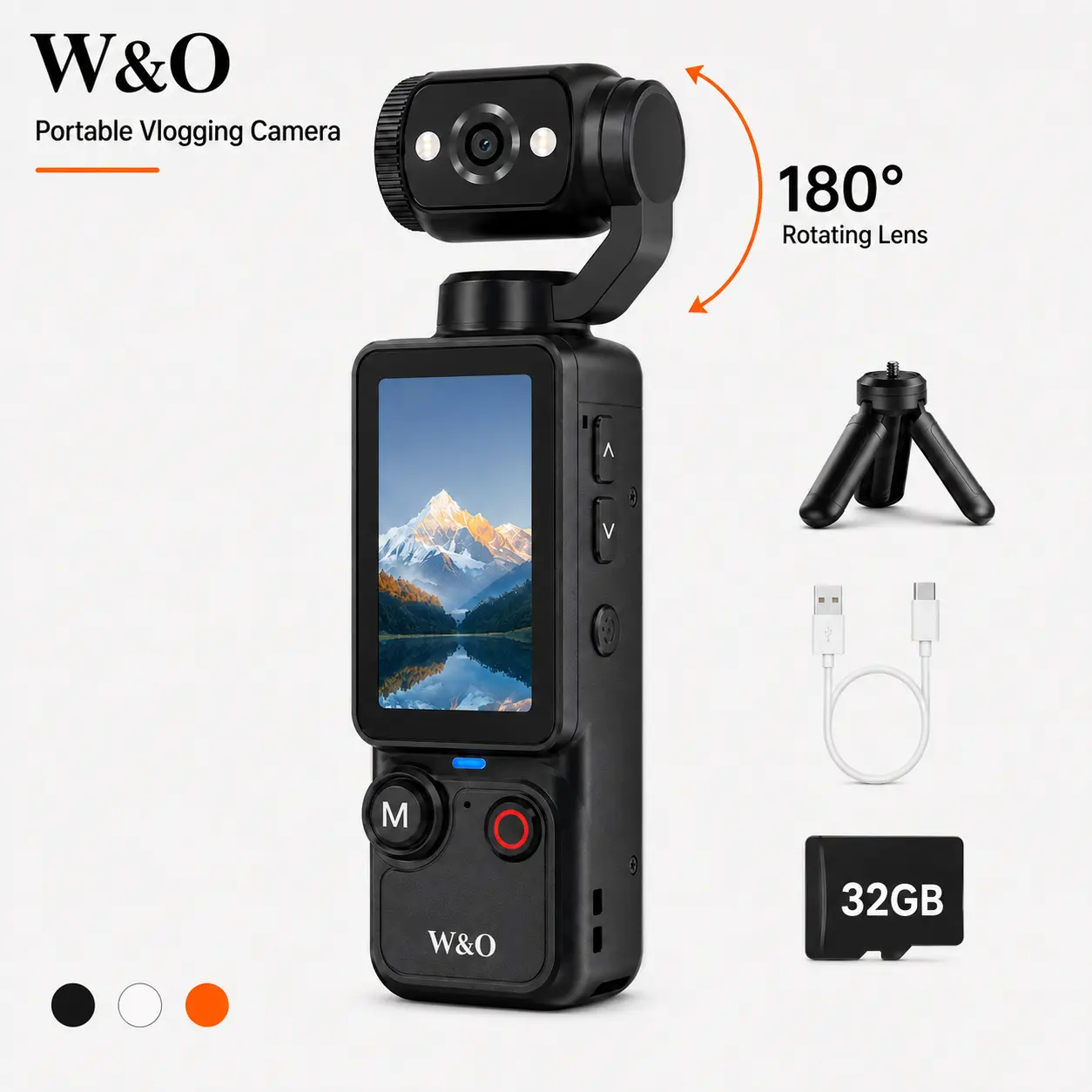 W&O Q7 Portable Vlogging Camera with 180° Rotating Lens, Autofocus, 1.9" Screen, 32GB Memory Card and Mini Tripod, USB-C Rechargeable Handheld Digital Camera for Travel, Selfies and Daily Recording pocket camera