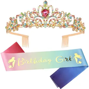 KF5-HDW026    Birthday Tiara & Crown Set - Princess Sash, Happy Birthday Girl Tiara, Party Decorations & Gifts
