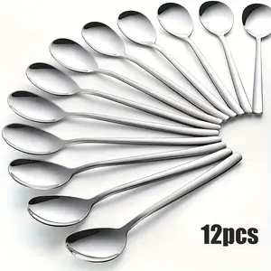12-piece set of stainless steel Korean teaspoons, 7.28-inch durable soup spoons, mirror-polished, dishwasher washable, tableware cutlery, suitable for rice, cream soup, desserts and oatmeal, for home and restaurant use