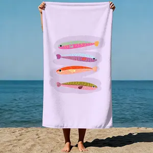 Four colorful fish swim in a row, each with unique patterns, on a pastel background. Cute and whimsical digital illustration style Sand-Free Beach Towel | Ultra-Light Microfiber | Quick-Dry, Compact for Travel