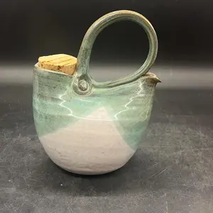 Studio Pottery Pitcher Teapot Sake Jug Greens Gray Drip Glaze