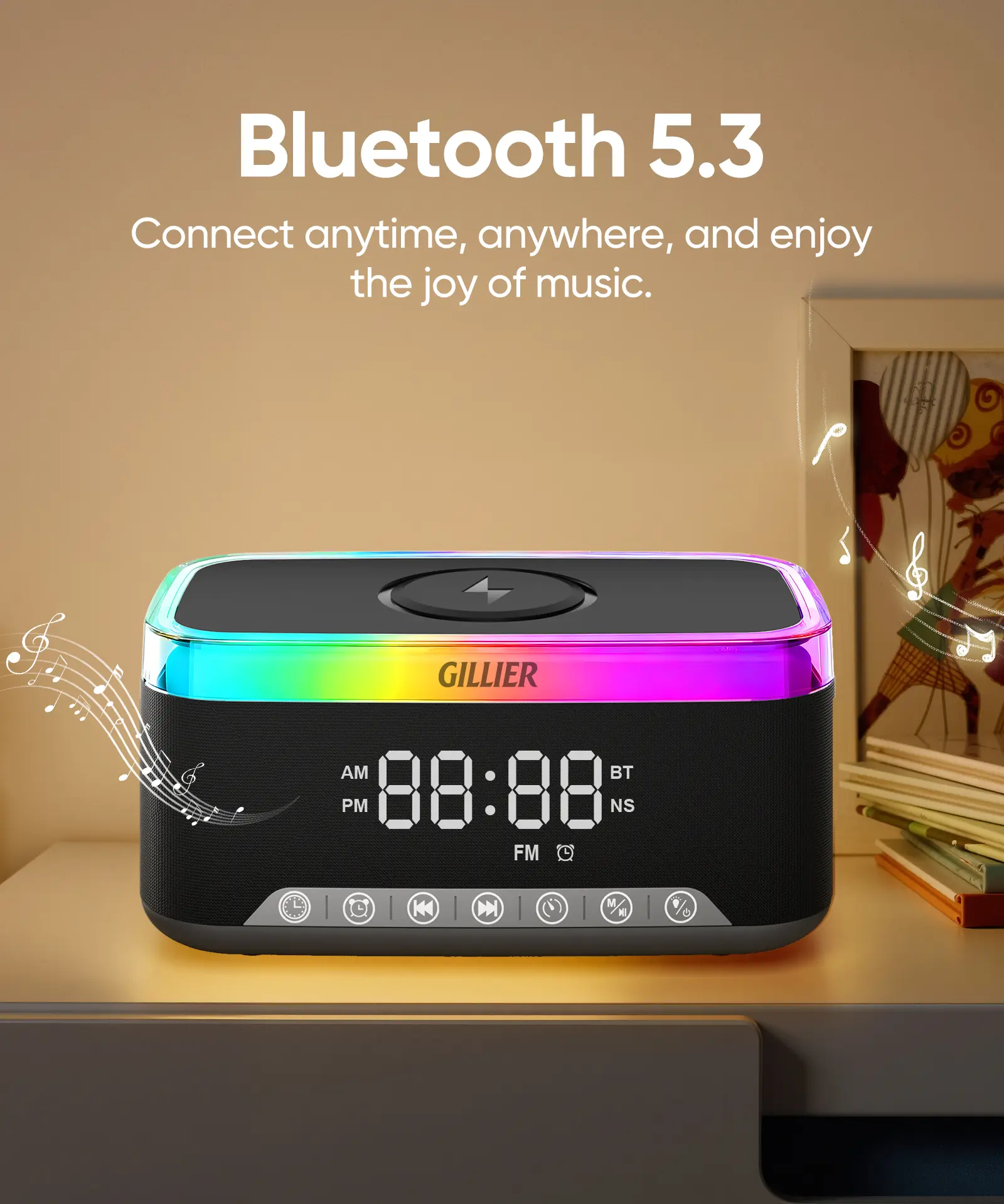 Alarm Clock with Wireless Charging and Sound Machine  15W Fast Charger, 10W Stereo Bluetooth Speaker, FM Radio & 12 Color Night Light  Dimmable Digital Alarm Clocks for Bedrooms