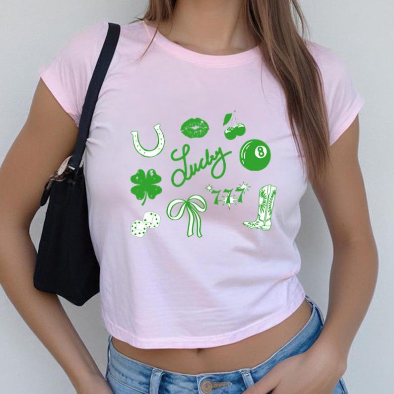 St Patrick's Day Baby Tee, Y2k Cropped Trendy St Patty's Day Baby Tee, Green Lucky Women_s Baby Tee, Day Drinking Top, St. Patrick's Day Gift, Gift For Her