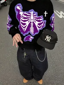 Men's Dark Butterfly Bone Knitted Long Sleeve Sweater, Trendy Casual Wear Essential, Comfortable and Warm Knit Fabric, Must-Have Fashion Item, Knitwear