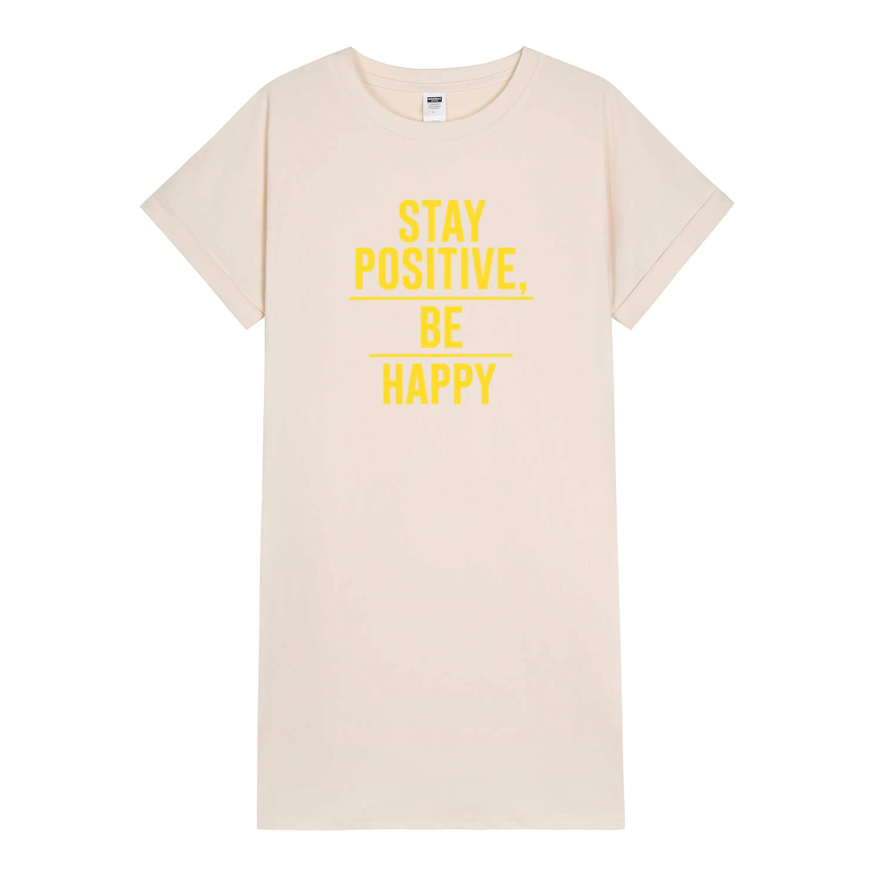 Women's Retro Cartoon Sleeve T-Shirt Dress – Motivational 'Stay Positive Be Happy' Print, Perfect for Spring & Summer Outdoor Leisure and Casual Elegance