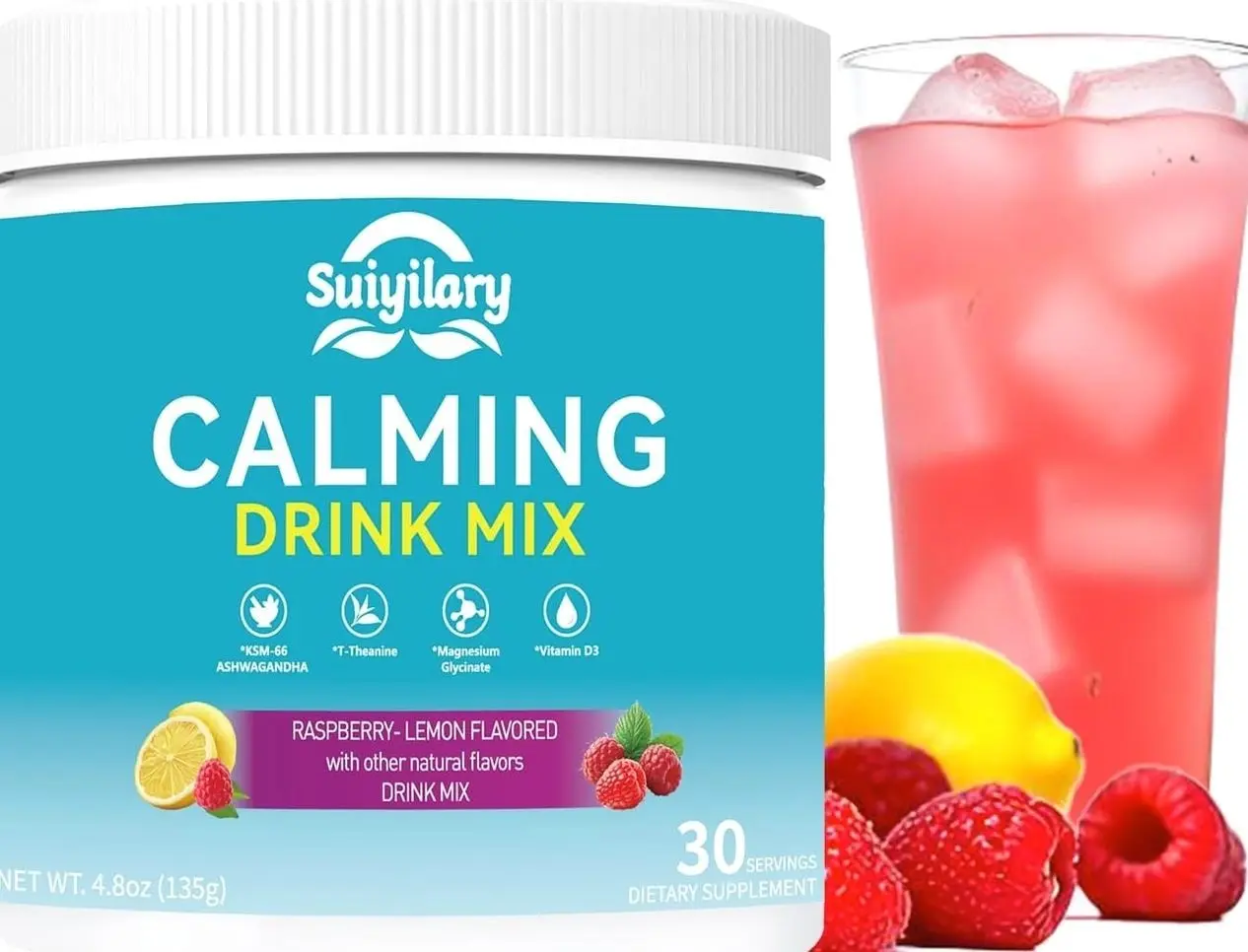Calm Magnesium Powder, Cortisol Supplements Drink Mix No Sugar for L-Theanine, KSM66 Ashwagandha, Magnesium Glycinate, Vitamin D3, Relaxation, Focus, Raspberry Lemonad, 30 Servings