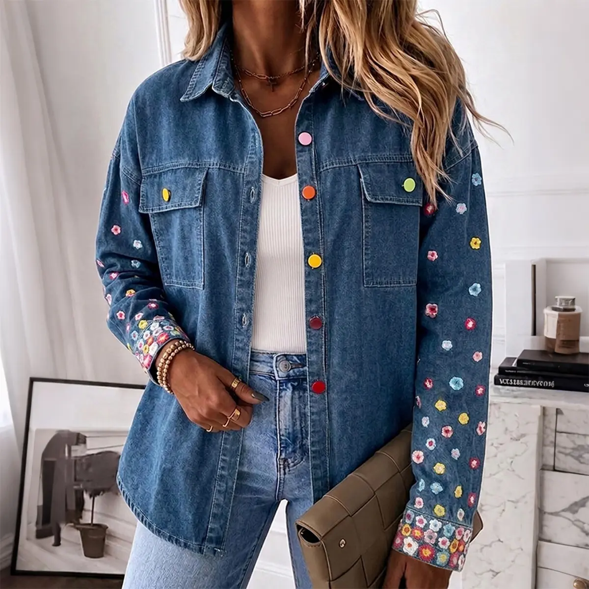 CHICME Women's Floral Embroidered Denim Jacket Colorful Button Down Jean Coat Casual Washed Shacket