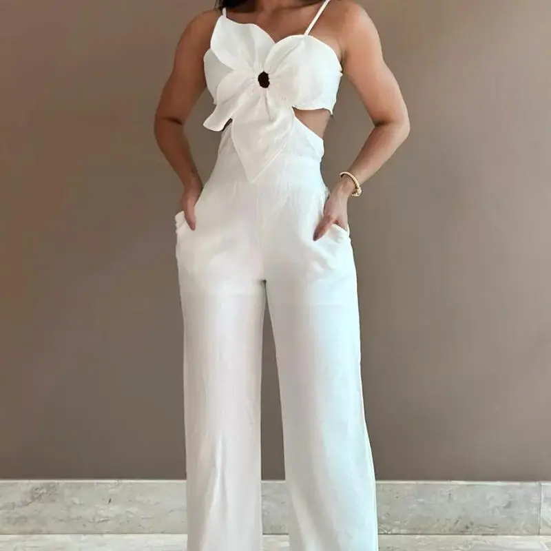 Chicme Floral Pattern Shirred Hollow Out Jumpsuit