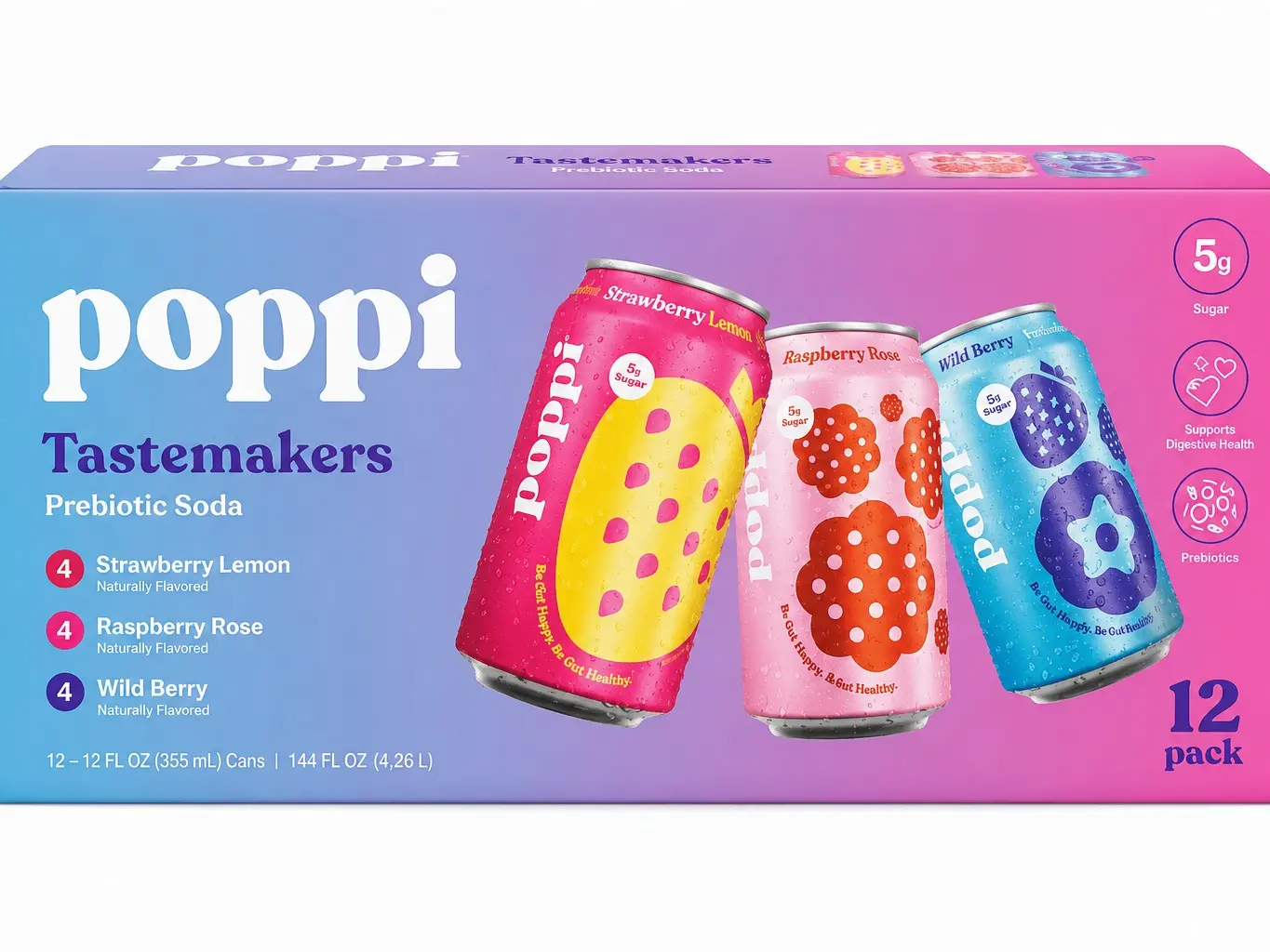Prebiotic Sparkling Soda Variety Pack, Assorted Fruit Flavors, 12 fl oz Cans, 12 Count, Refreshing Fizzy Beverage  Description