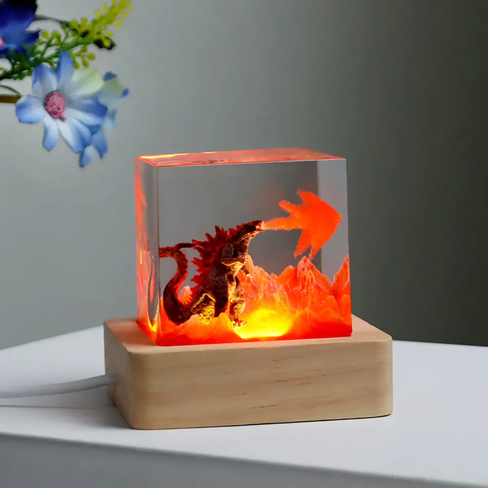 Handmade Kaiju Monster Resin Lamp with Wooden Base, USB LED 3D Fire-Breathing Creature Night Light, Unique Desk Decor Collectible Gift for Sci-Fi Fans & Adults