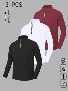 Men's Quick-Dry Fitness Pullover Set, 3-Pack Long Sleeve Zipper Sports Tops, Comfortable Breathable Fabric, Ideal for Gym & Training, Athletic Sports Clothing, Gym Athletic Clothes