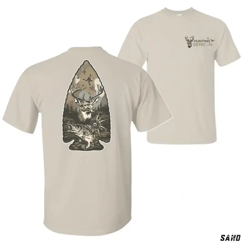 Men's T Shirts - Basic Casual All-Seasons Pullover, Hunting Season Design With Arrowhead Graphic, Deer Head, Duck And Fish Outdoor Scene On Back, Small Logo On Chest, Gift For Hunters