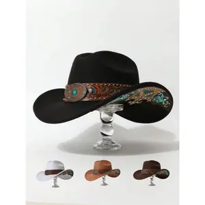 Vintage Carved Western Cowboy Hat, Turquoise Stud Wool Felt, Bohemian Sun Protection Cap, Cross-Border Fashion Accessory, Classic Cowboy Hat