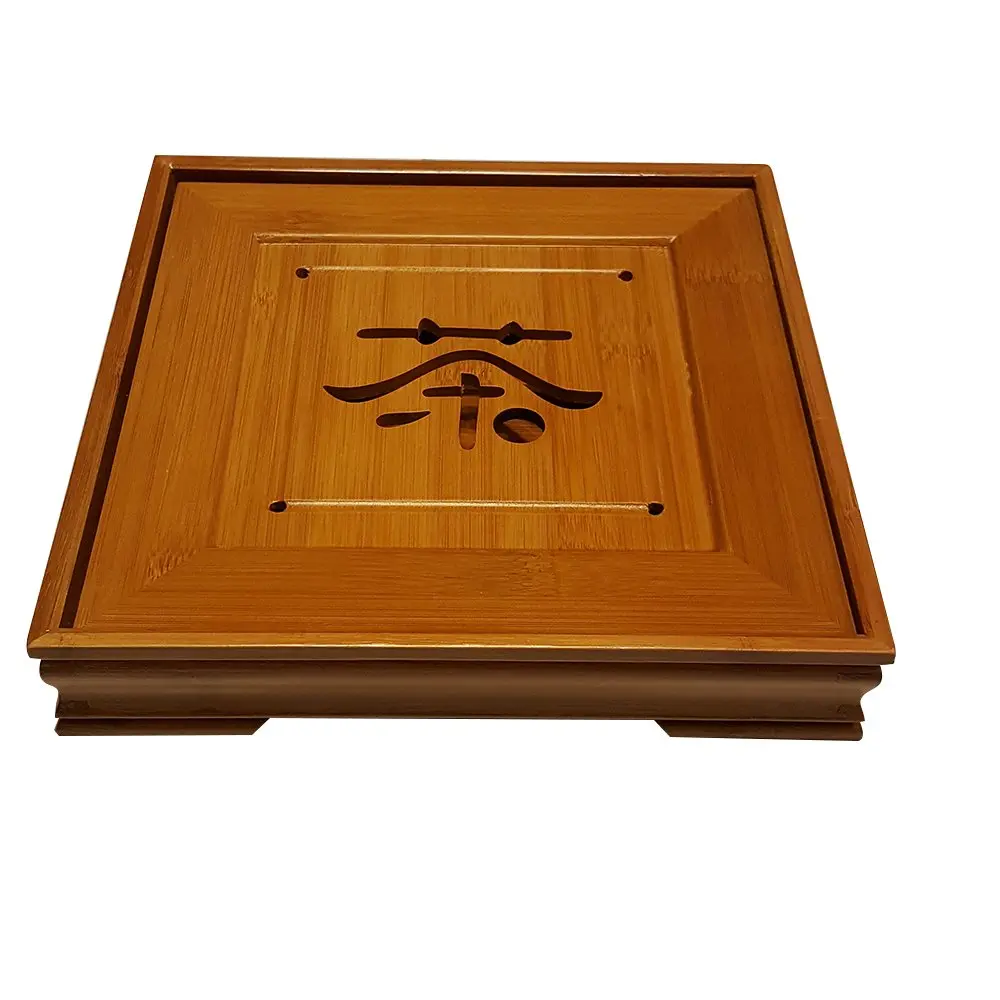 Thy Home Polished Durable Slatted Moso Bamboo Kung Fu Tea Serving Tray - Traditional Chinese Tea Ceremony Kitchenware, Thick Design, 9in L x 9in W x 1.5in H, Removable Drainage Basin, Detailed, Table Protector