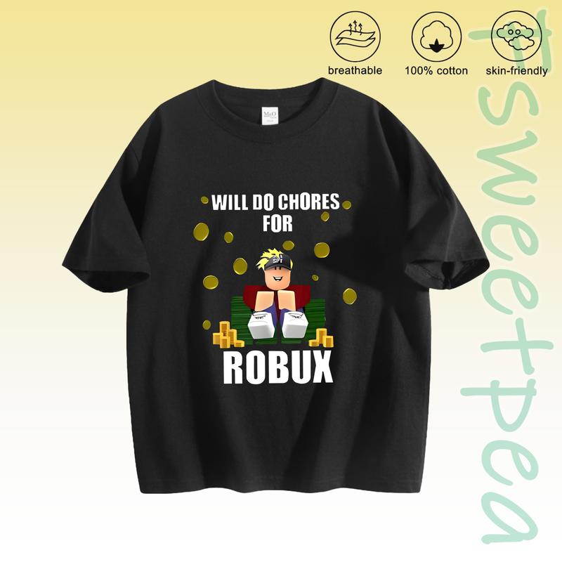 Pink Crew Neck Short Sleeve T Shirt With Roblox Character And Will Do Chores For Robux Graphic Print Soft Breathable 100 Cotton Skin Friendly Casual Top For Spring Summer Everyday Wear Vacation Outfit Student Comfortable