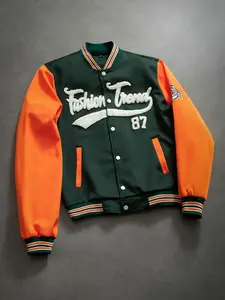 Vintage Sporty Baseball Jacket, Olive Block Design, Sleeve, Embroidered Chest, Street Style Outerwear