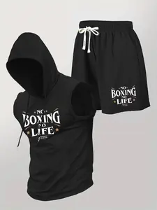 Men's 2 Piece Boxing Workout Set, "NO BOXING NO LIFE" Graphic Sleeveless Hoodie and Shorts, Athletic Gym Training Outfit, Fitness Clothes, Lightweight Breathable Streetwear Tracksuit for Bodybuilding Running, Workout Running Outfits, Sweatsuit Sets