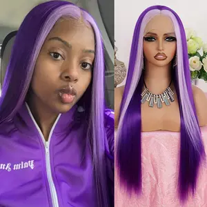 Glamorous 26" Long Straight Purple Highlight Wig with Skunk Stripe Design - 180% Density Synthetic Lace Front, 13x4 Free Part Ombre Hair for Women - Ideal for Daily Use & Cosplay Parties, Wig Accessories